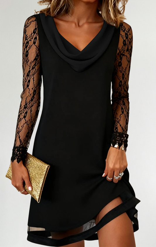 Elena™ Vestido de color liso con cuello swing y patchwork